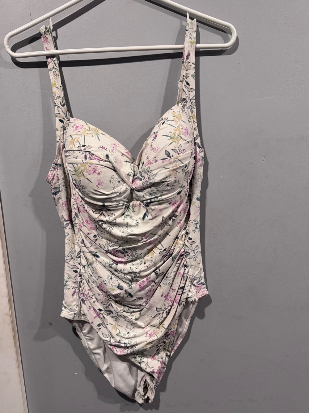 Floral Ruched One-Piece Swimsuit - Cream with Pink & Green